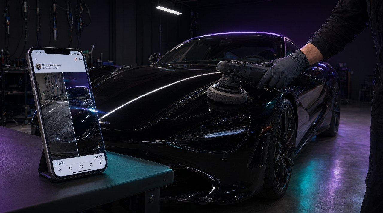 Luxury black sports car being detailed during a real job, the kind of content marc8o publishes