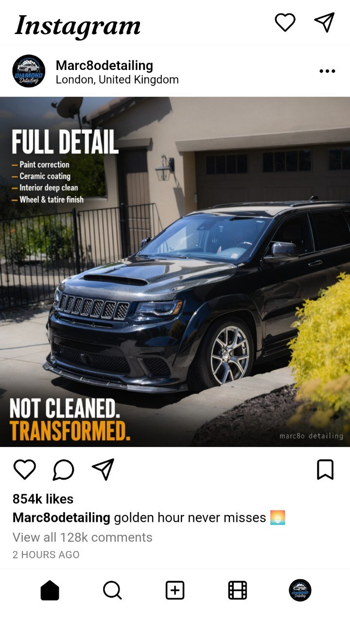Instagram post showing a black SUV on a detailing before-and-after with services listed